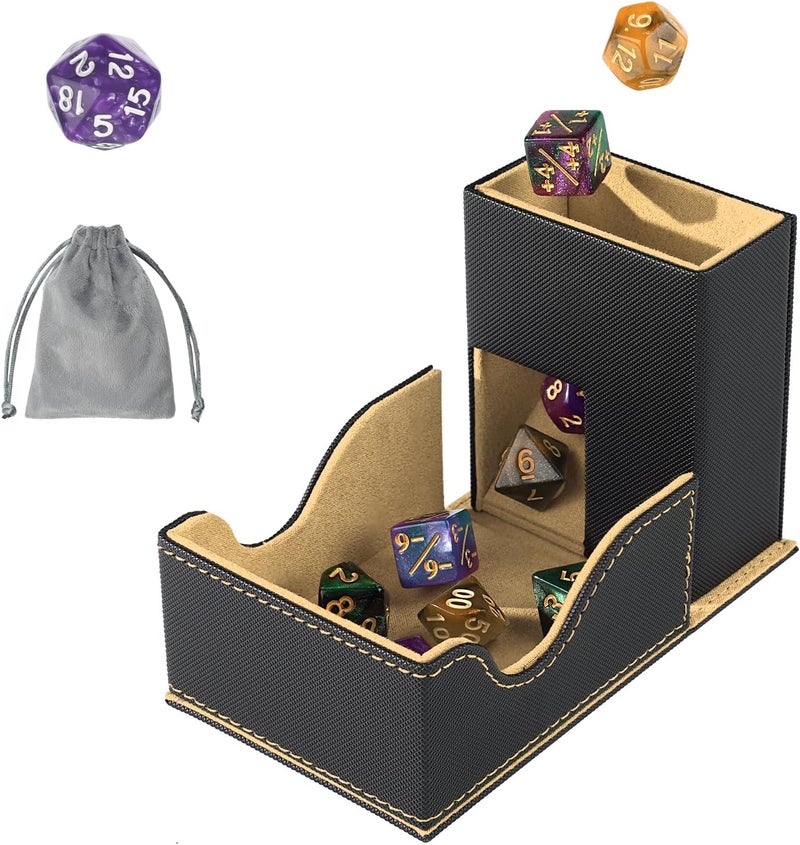 Stepane Dice Roller Tower, Premium DND Magnetic Dice Tray, Foldable PU Leather Dice Tower RPG Gifts for Dungeons and Dragons MTG Dm & Player Black/Brown - Image 1